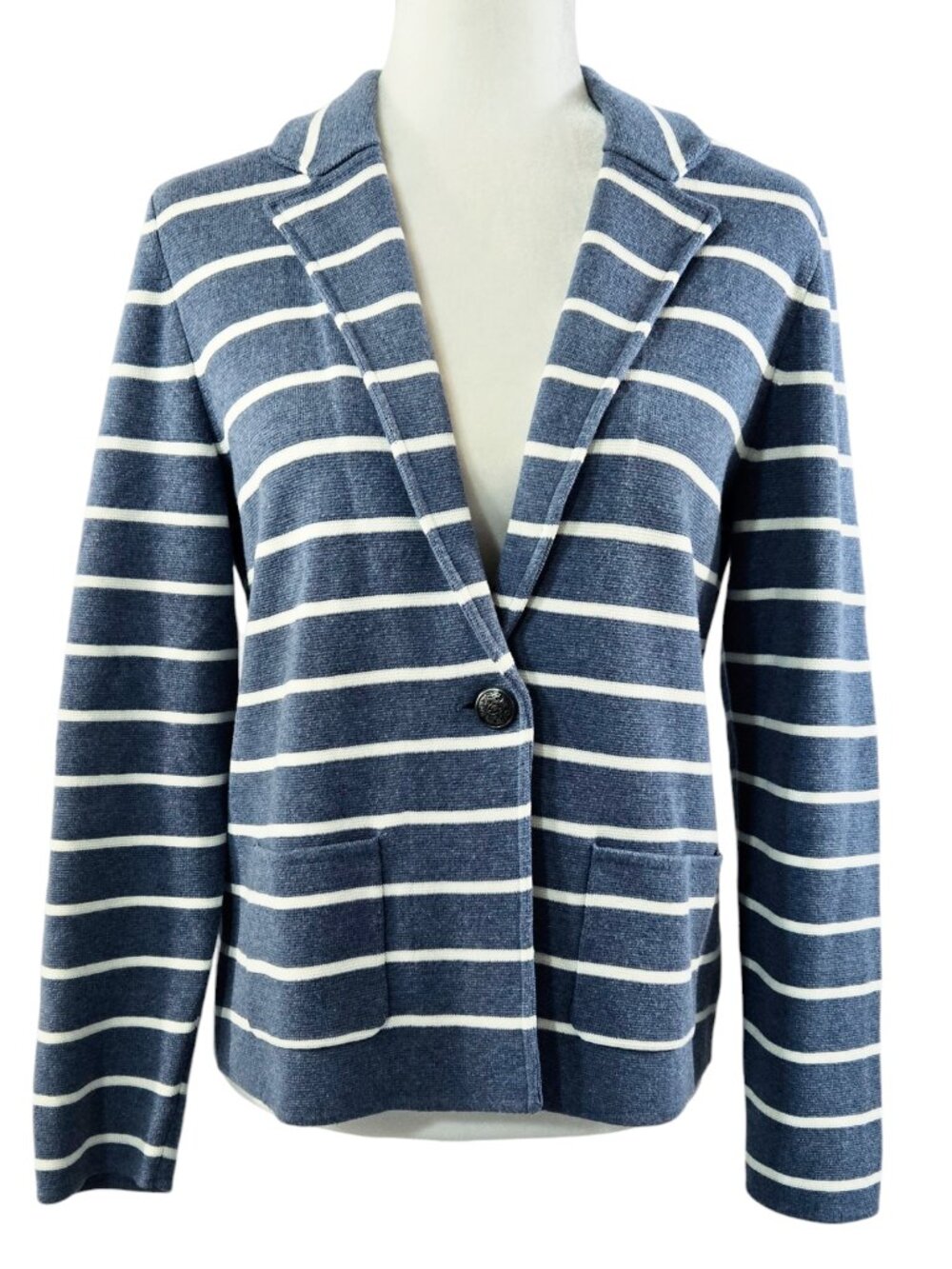 Talbots Blue Whipe Stripe One Button Knit Sweater Blazer Nautical Preppy